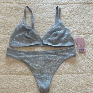 Wild Fable Glittering Silver Lace Bra Set